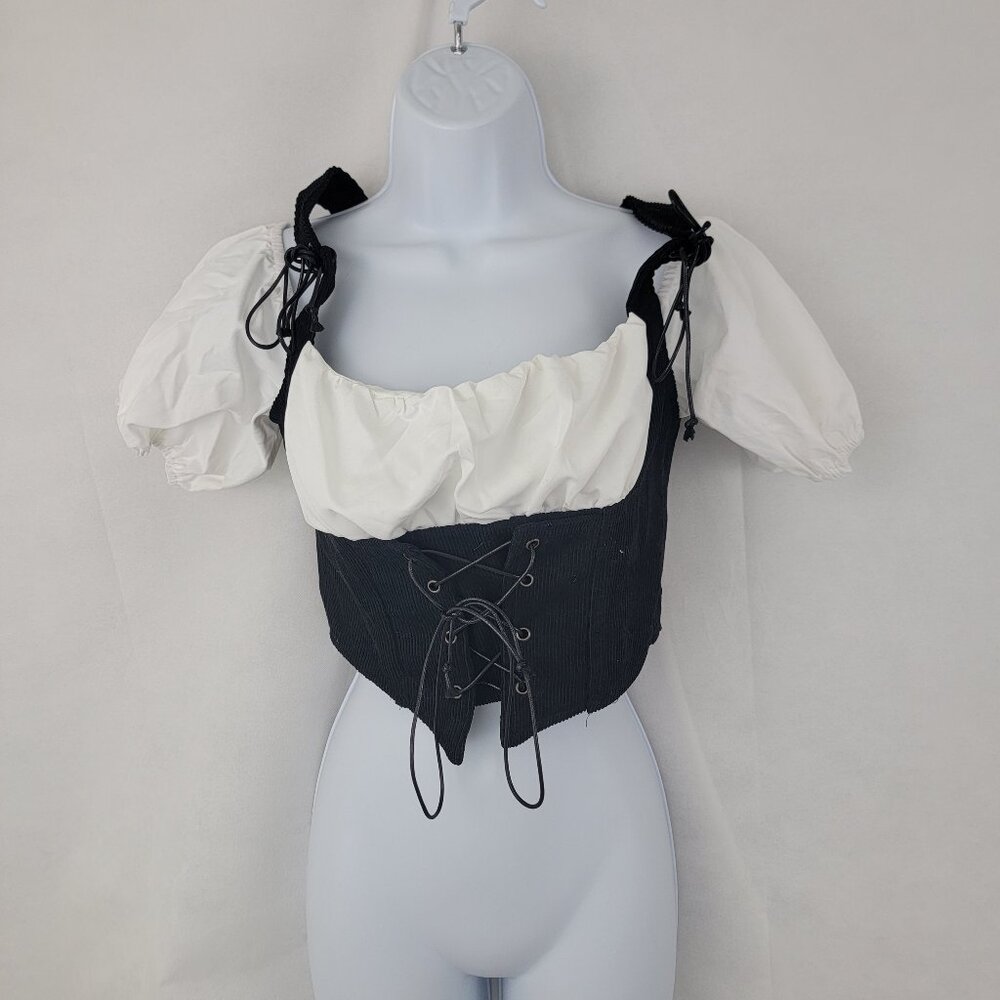 SHEIN Womens Top MEDIUM Corset Lace Up Ren Fair Milkmaid Puff Sleeve Corduroy